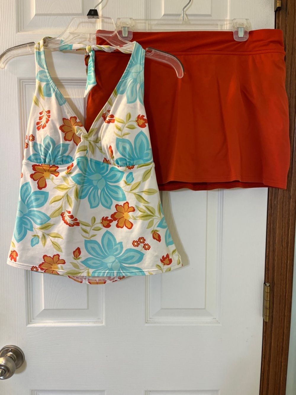 Lands End Blue/Orange/Ivory Floral Tankini Top Sz 10 & Orange Swim Skort Sz 12